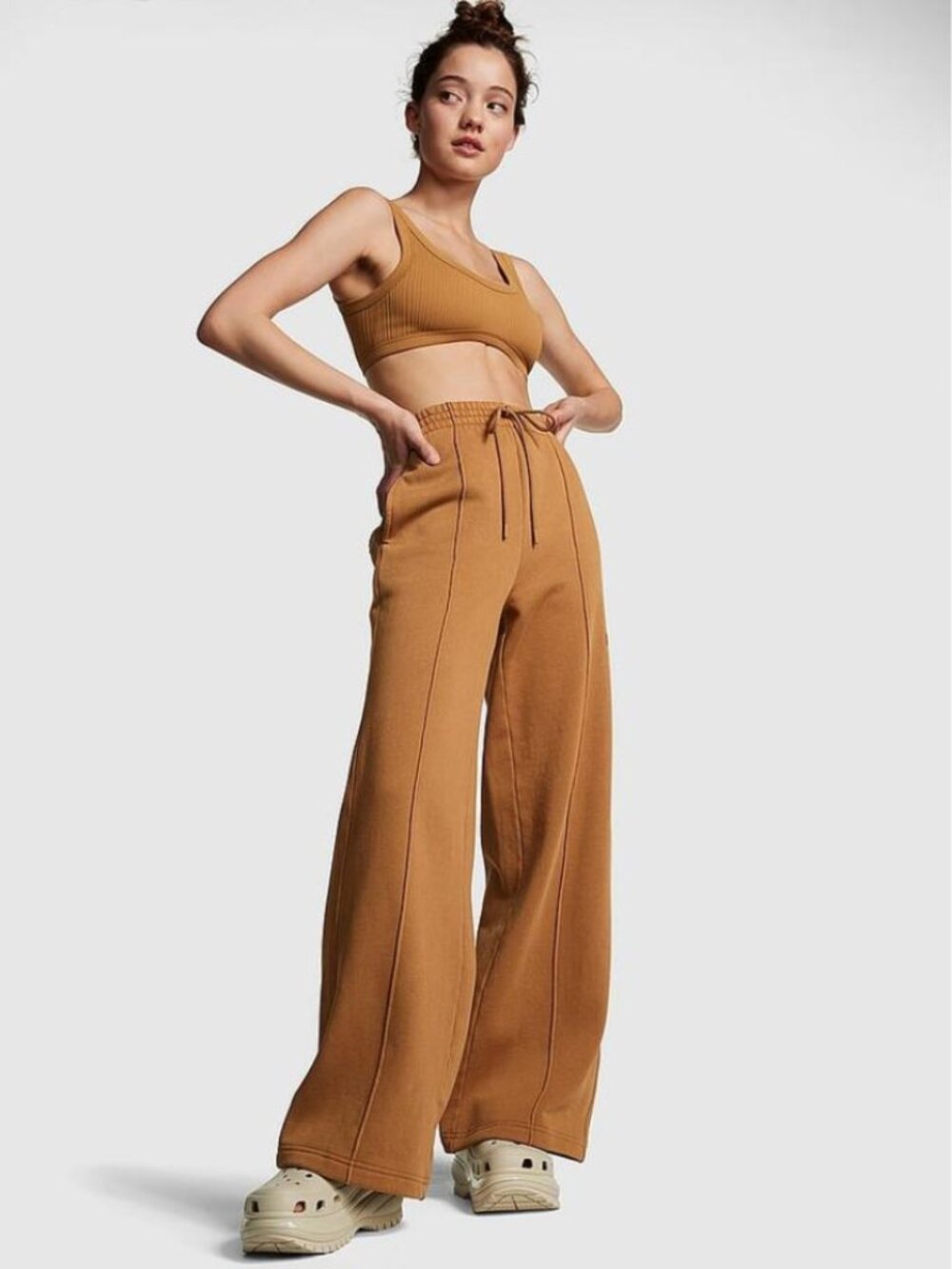 PINK Victoria's Secret Brown Ivy Fleece Wide Leg Sweatpants In XL NWT